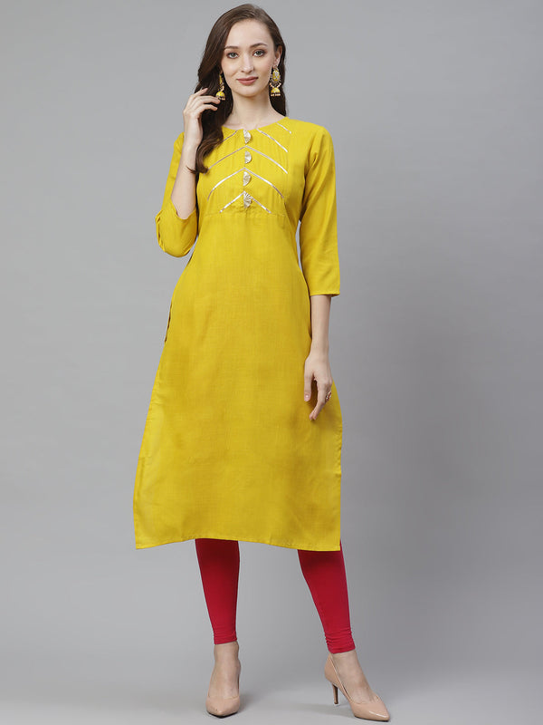 Jashvi Mustard Yellow Gotta Patti Lace Detailed Yoke Design Straight Kurta