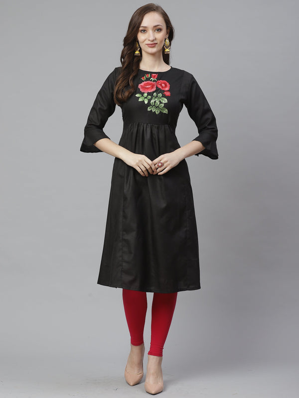 Women's Black Yoke Embroidered A-Line Kurta - Bhama Couture