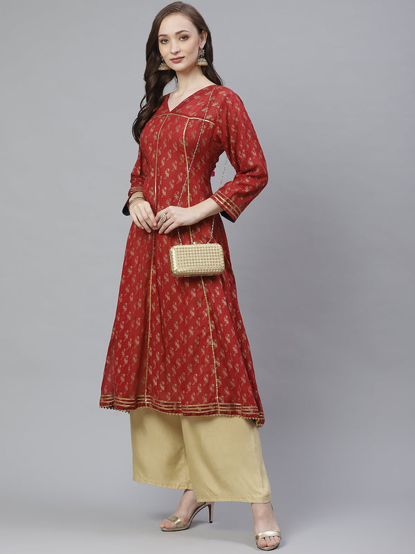 Women's Maroon And Golden Quirky Block Printed A-Line Kurta - Bhama Couture