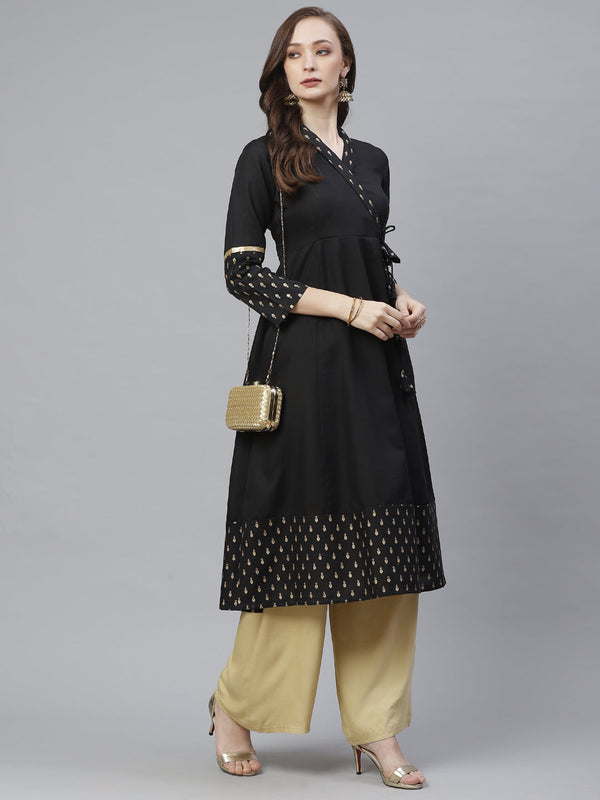 Jashvi Women Black & Golden Ethnic Print Anarkali Kurta