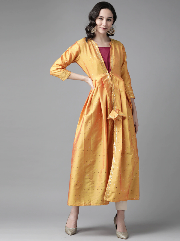 Women's Mustard Yellow & Magenta Woven Design Layered A-Line Kurta - Bhama Couture