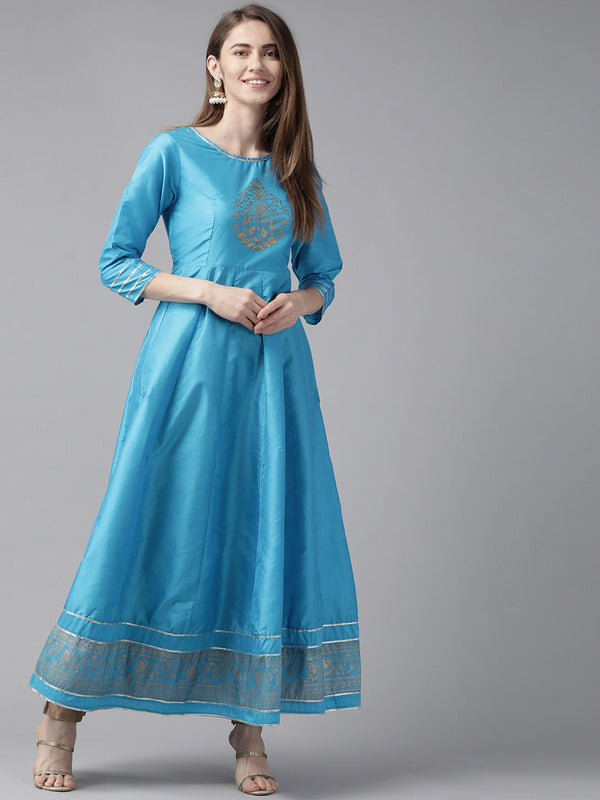 Blue & Gold-Toned Ethnic Motifs Printed Block Print Anarkali Kurta