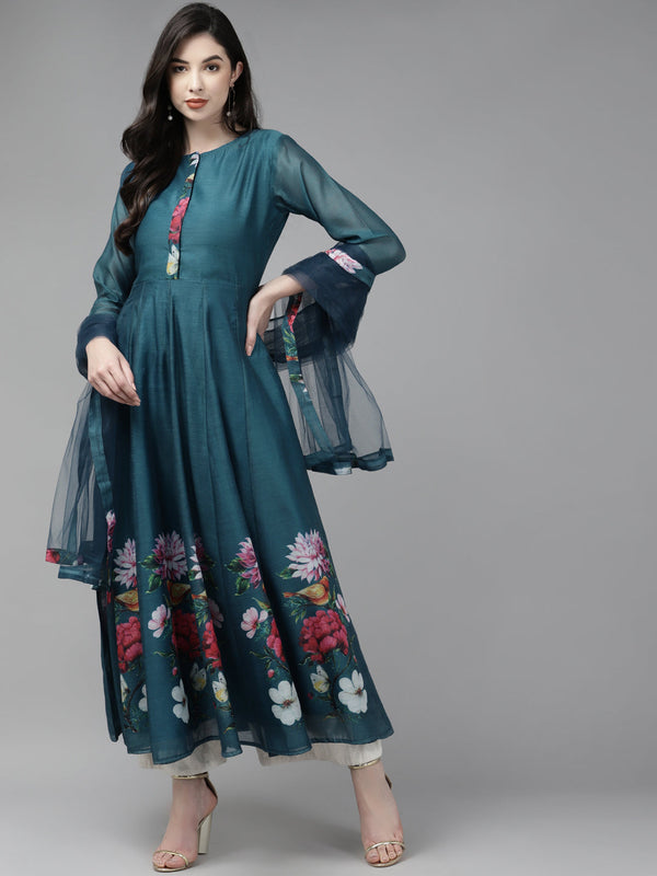 Women's Teal Blue Floral Printed Chanderi Silk Anarkali Kurta With Dupatta - Bhama Couture