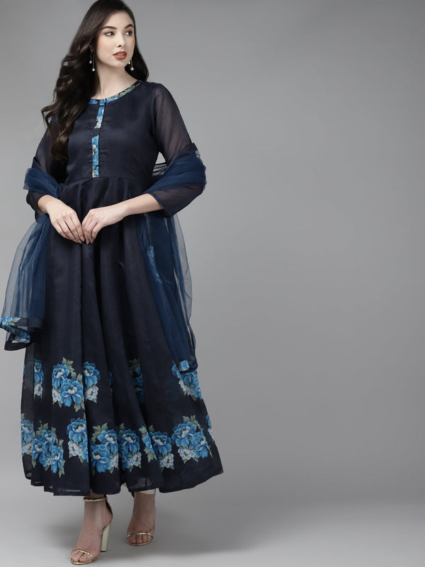 Women's Navy Blue Floral Printed Chanderi Silk Anarkali Kurta With Dupatta - Bhama Couture