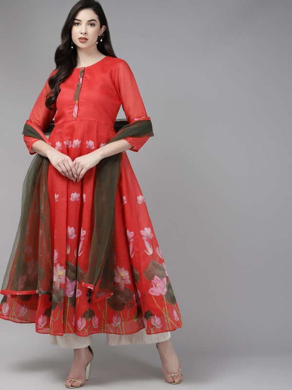 Women's Red & Green Floral Printed Chanderi Silk Anarkali Kurta With Dupatta - Bhama Couture