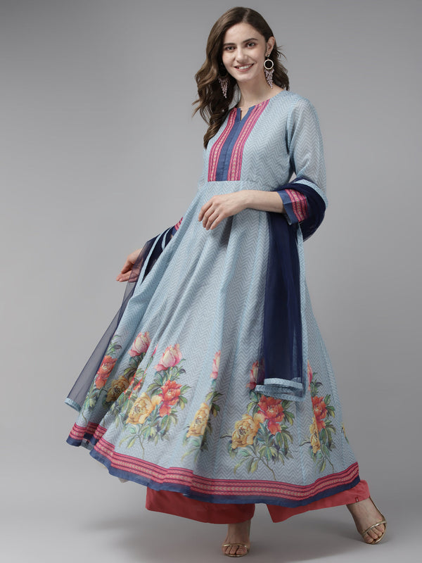 Blue & Pink Floral Printed Chanderi Silk Anarkali Kurta & Dupatta