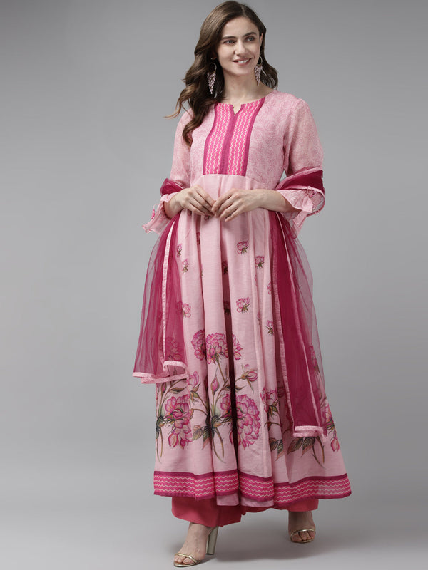 Pink Floral Printed Floral Chanderi Silk Anarkali Kurta With Dupatta