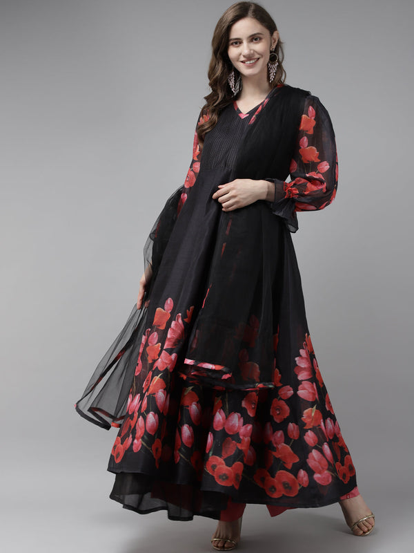 Women's Black Floral Printed Chanderi Silk Anarkali Kurta With Dupatta - Bhama Couture