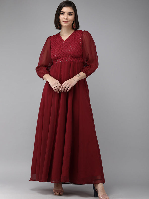 Jashvi Maroon Geogette Sequence Embellished Maxi Dress