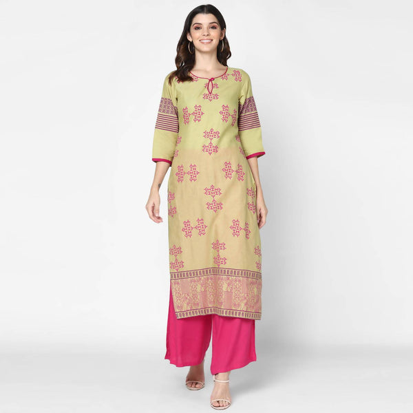 Women's Khaki & Magenta Cotton Hand Block Print Straight Kurta With Palazzo Set - Cheera