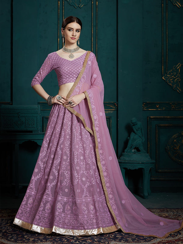 Women Lavender Georgette Lehenga by Myracouture (3pcs Set)