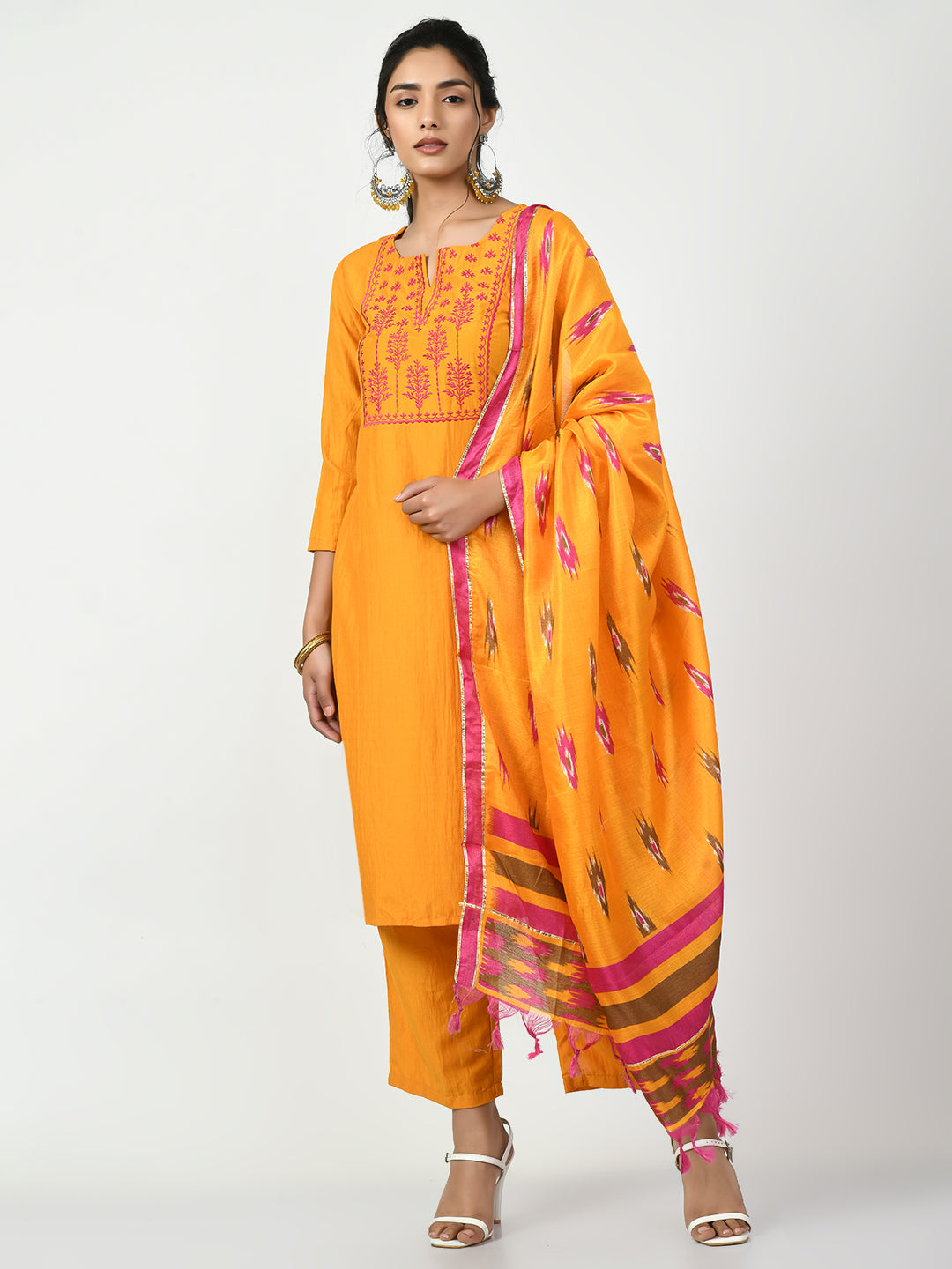 Women's Yellow Embroidered Kurta With Palazzo With Dupatta - Myshka