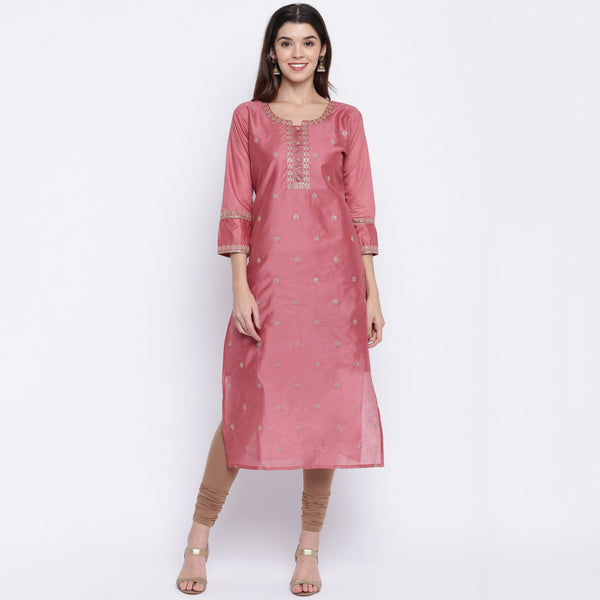 Women's Sequence Work/Hand Work Straight Chanderi Dark Peach Kurta Only - Vbuyz