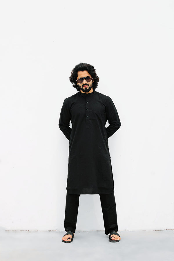 Men's Black Solid Cotton Kurta Payjama Set ( JOKP 555 Black ) - Virat Fashions