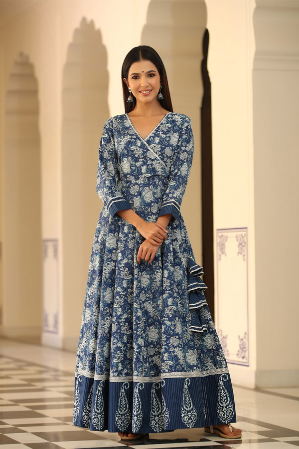 Women's Floral Indigo Angrakha Kalidar Dress-Gillori