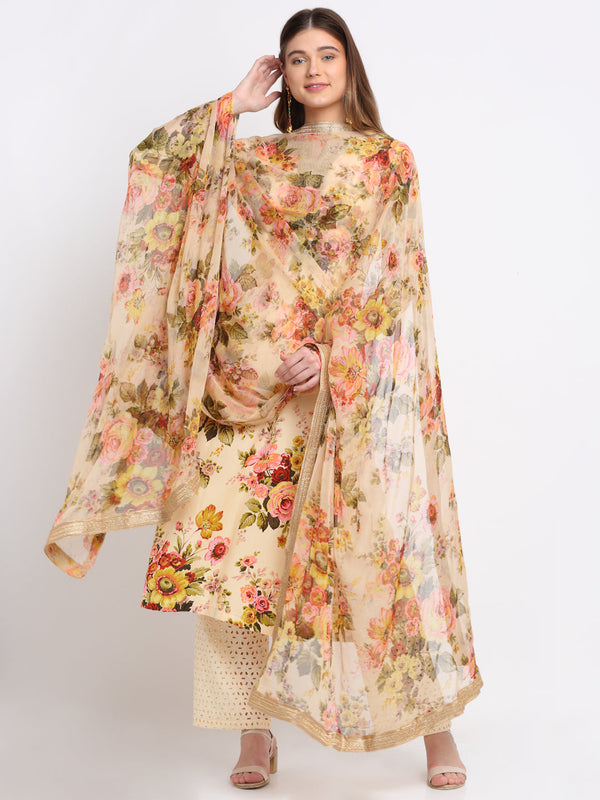 Women's Lemon Floral Kurti With Straight Palazzo And Chiffon Dupatta - Anokherang