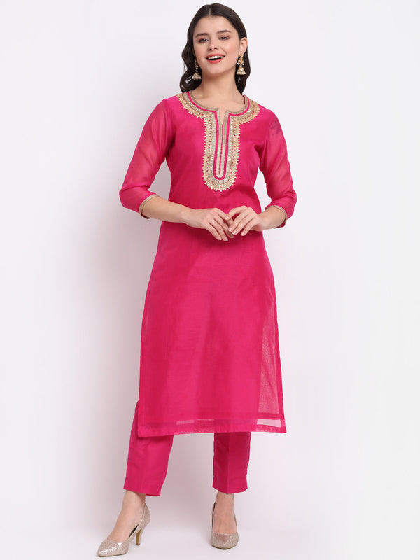 Women's Raspberry Pink Straight Kurti With Straight Pants - Anokherang