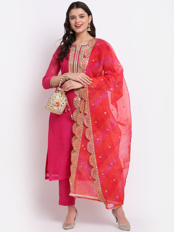 Women's Raspberry Pink Straight Kurti With Straight Pants And Leheriya Organza Dupatta - Anokherang