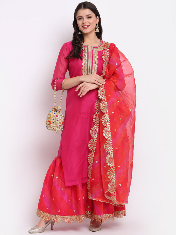 Women's Raspberry Pink Straight Kurti With Scalloped Organza Sharara And Leheriya Organza Dupatta - Anokherang