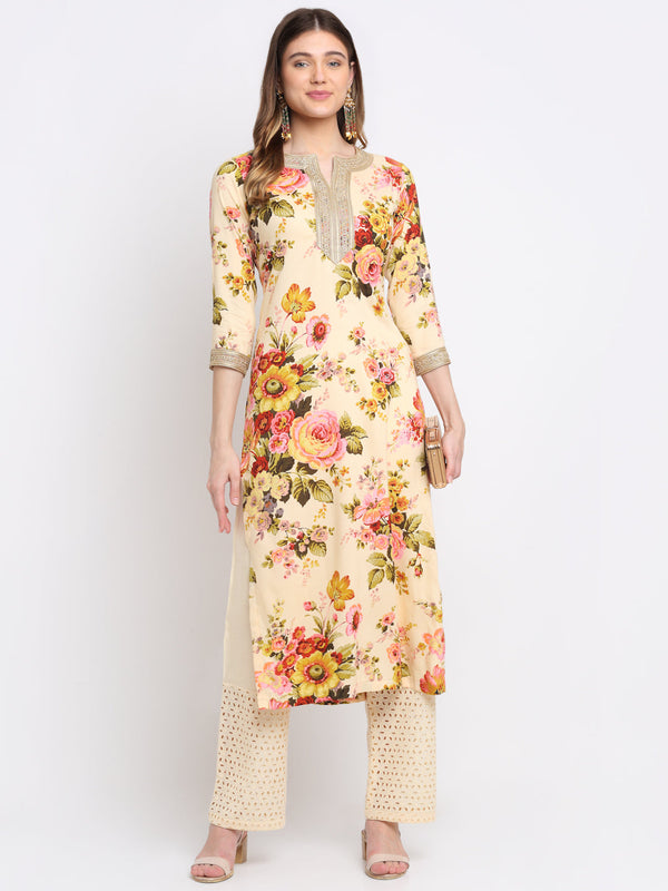 Women's Lemon Vanila Floral Kurti With Straight Palazzo Co-Ord Set - Anokherang