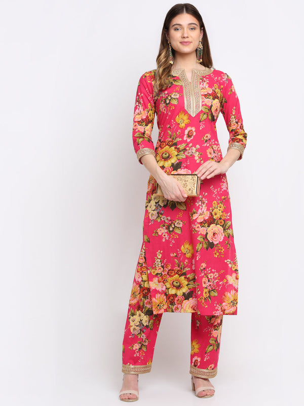 Women's Pink Floral Kurti With Straight Palazzo Co-Ord Set - Anokherang