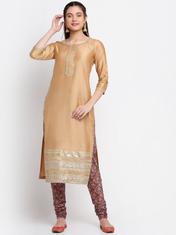 Women's Caramel Gold Embroidered Straight Kurti With Printed Chudidar - Anokherang