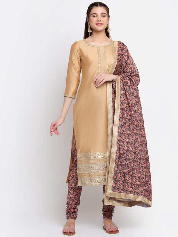 Women's Caramel Gold Embroidered Straight Kurti With Printed Chudidar And Printed Dupatta - Anokherang