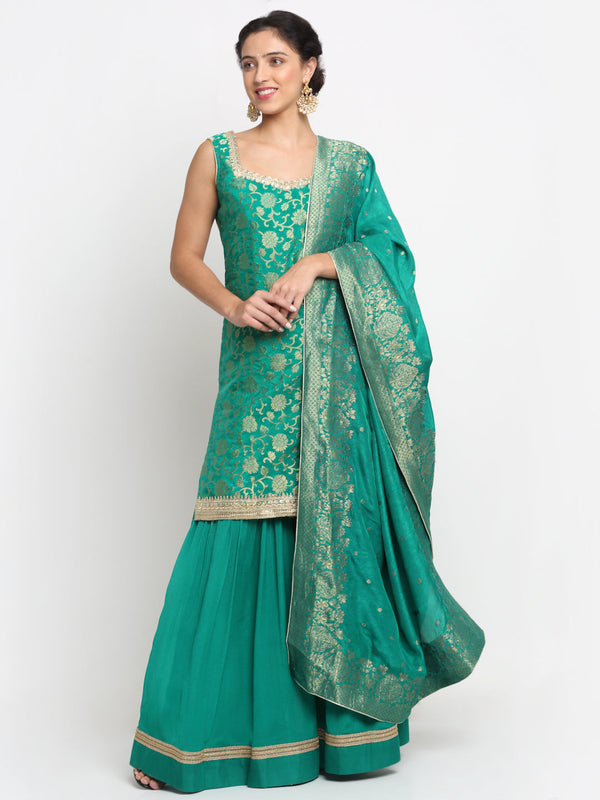 Women's Regal Green Brocade Kurti With Gathered Sharara And Banarasi Silk Dupatta - Anokherang