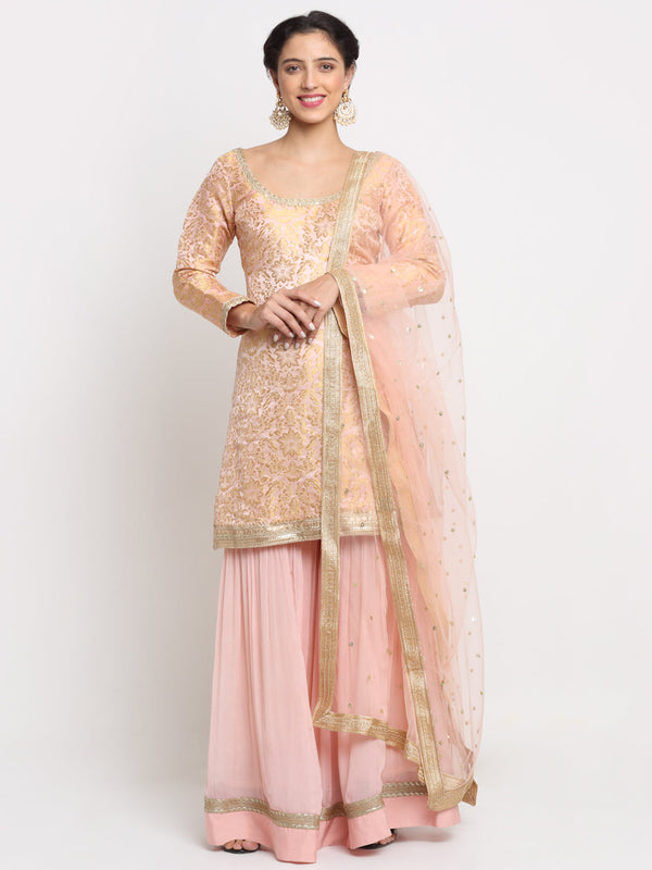 Women's Precious Peach Embroidered Kurti With Gathered Sharara And Net Sequined Dupatta - Anokherang