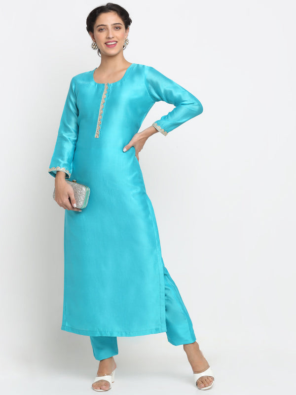 Women's Aasmani Gota Kurti With Straight Pants - Anokherang