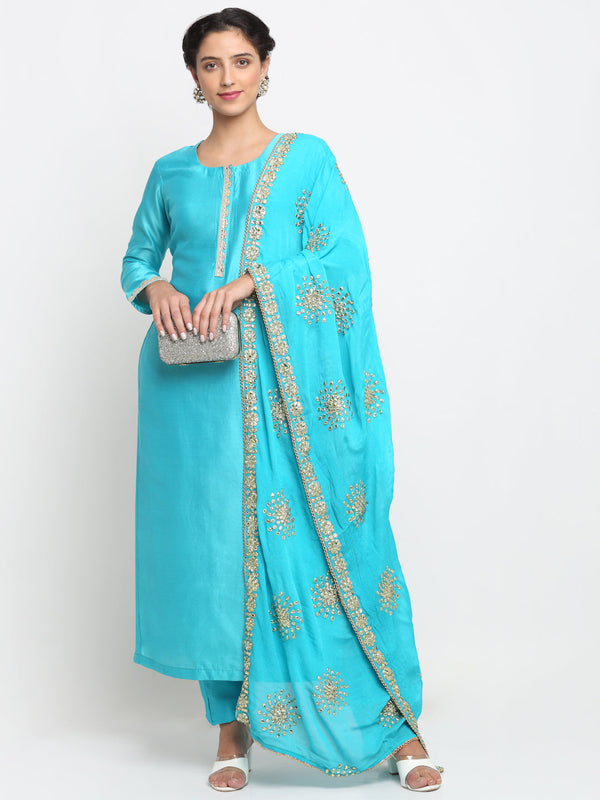 Women's Aasmani Gota Kurti With Straight Pants And Gotta Patti Dupatta - Anokherang