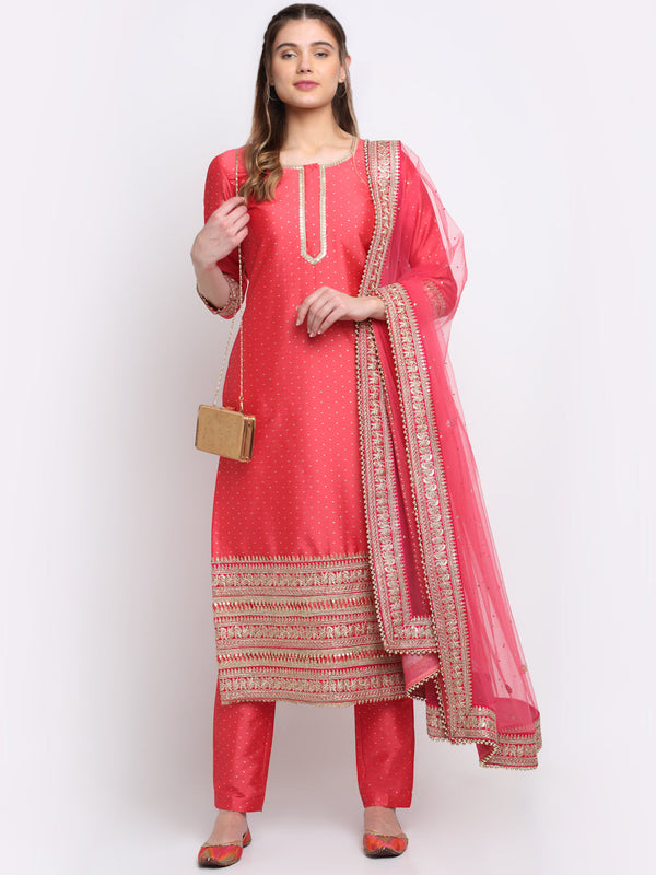 Women's Prism Pink Straight Kurti With Straight Pants And Net Emroidered Dupatta - Anokherang