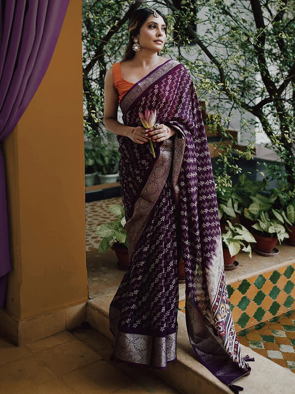 Wine Printed Silk Blend Saree With Unstitched Blouse Piece