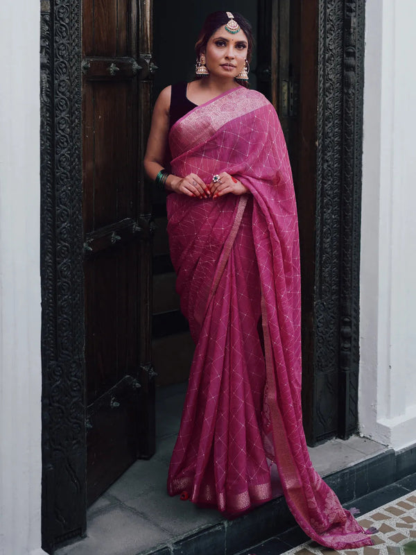 Pink Printed Silk Blend Saree With Unstitched Blouse Piece