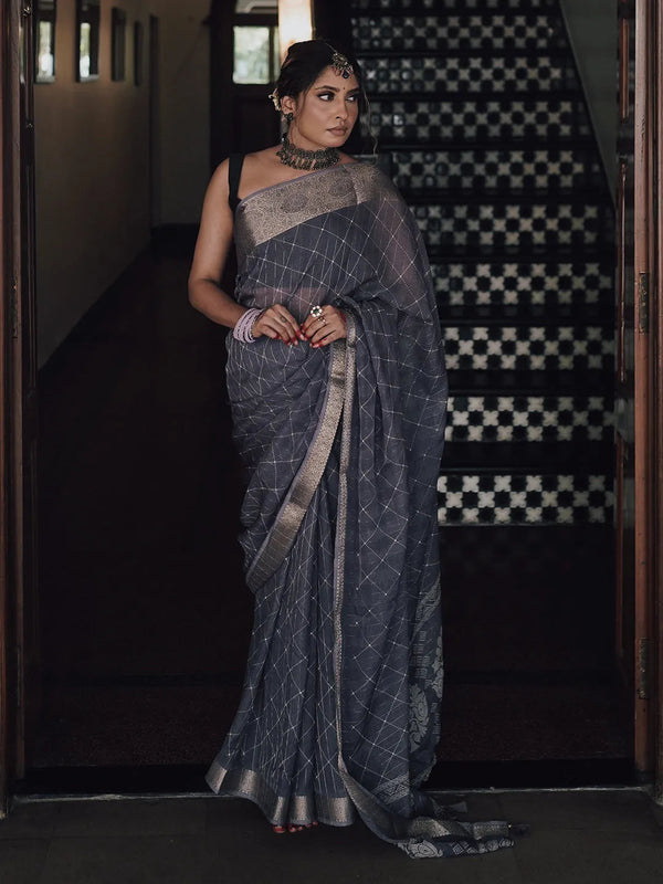 Blue Lilac Printed Silk Blend Saree With Unstitched Blouse Piece