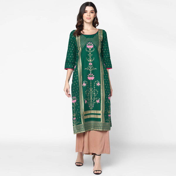 Women's Green 100% Cotton Hand Block Print Straight Kurta Only - Cheera