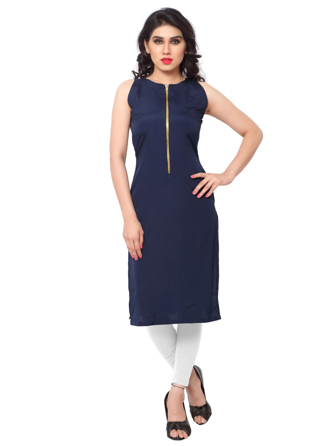 Women's Blue Colour Boat Neck Sleeveless Solid Crepe Kurta - Ziyaa