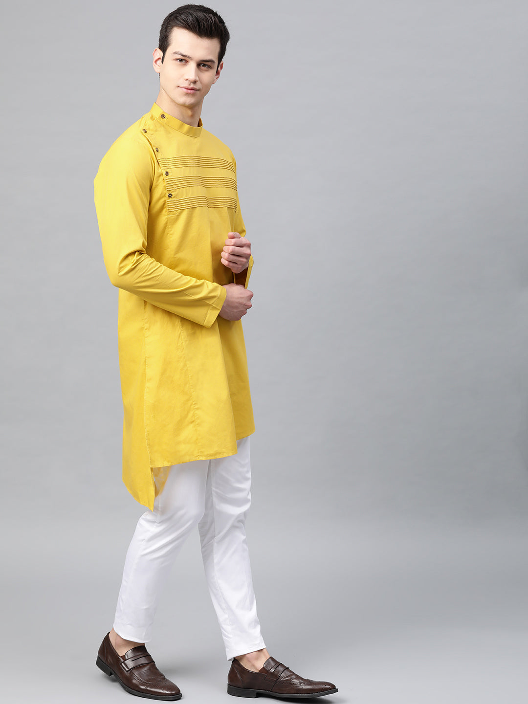 Men's Mustard Solid Straight Kurta With Yoke Thread Work With Kurta Pyjama - See Designs