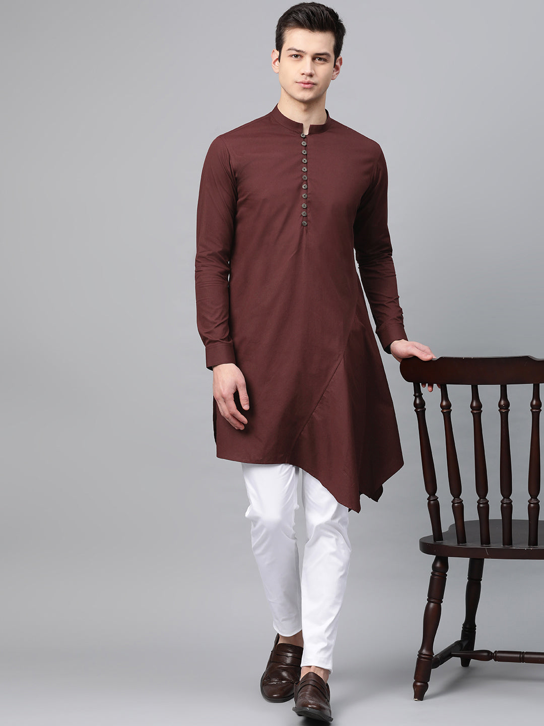 Men's Burgundy Solid Asymmetrical Kurta With Pyjama - See Designs