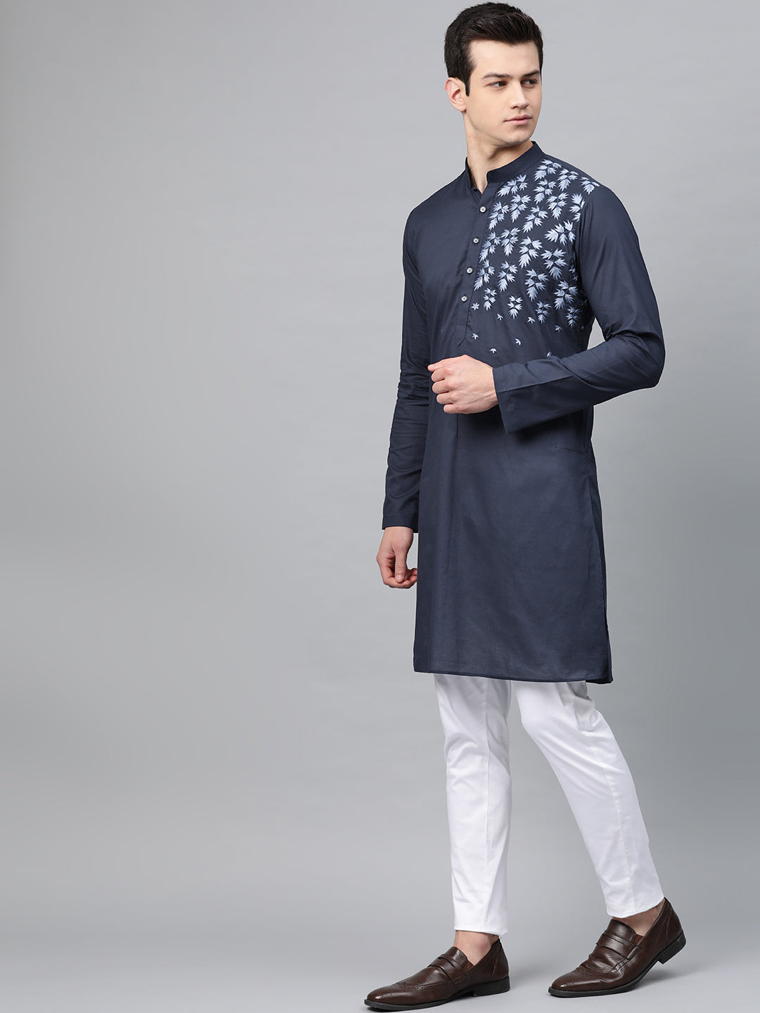 Men's Navy Blue Embroidered Straight Kurta With Pyjama - See Designs