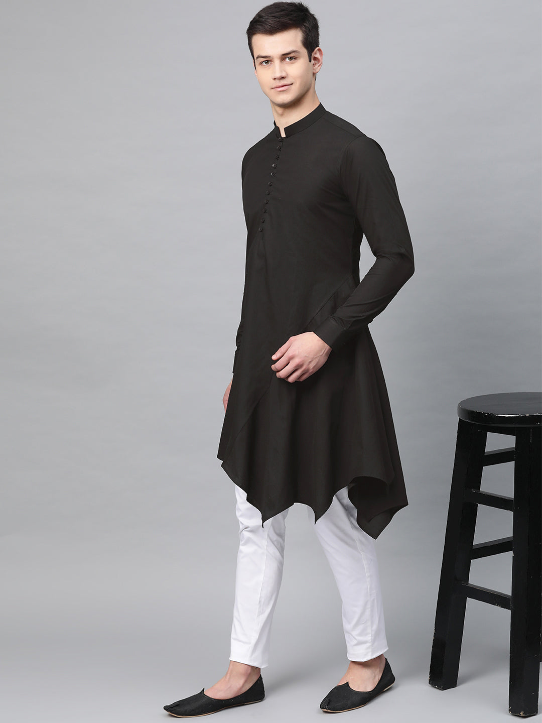 Men's Black Solid Asymmetrical Kurta With Pyjama - See Designs