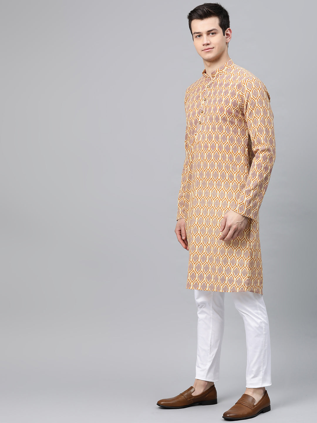 Men's Cream & Brown Printed Straight Kurta - See Designs