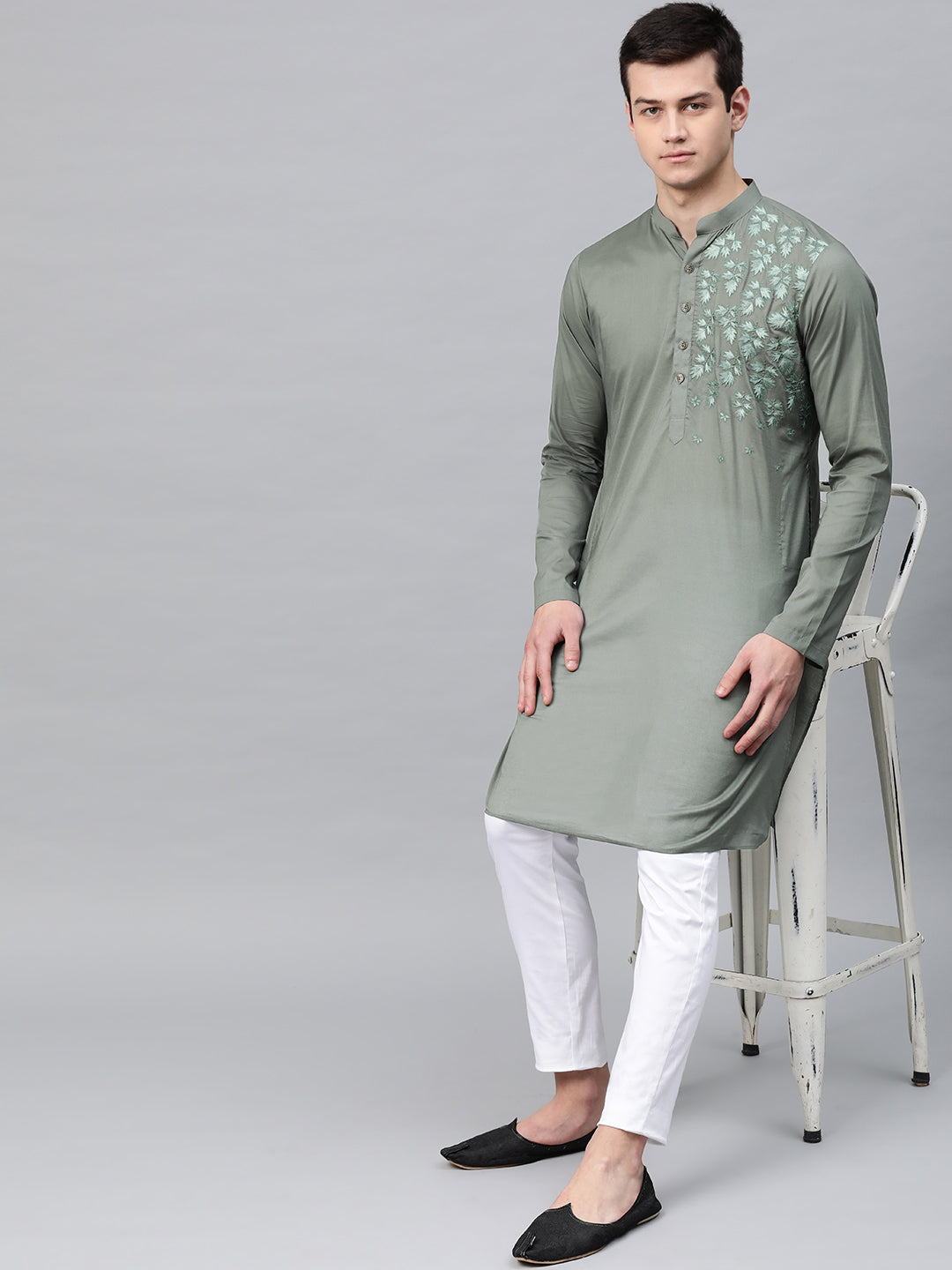 Men's Olive Embroidered Straight Kurta - See Designs