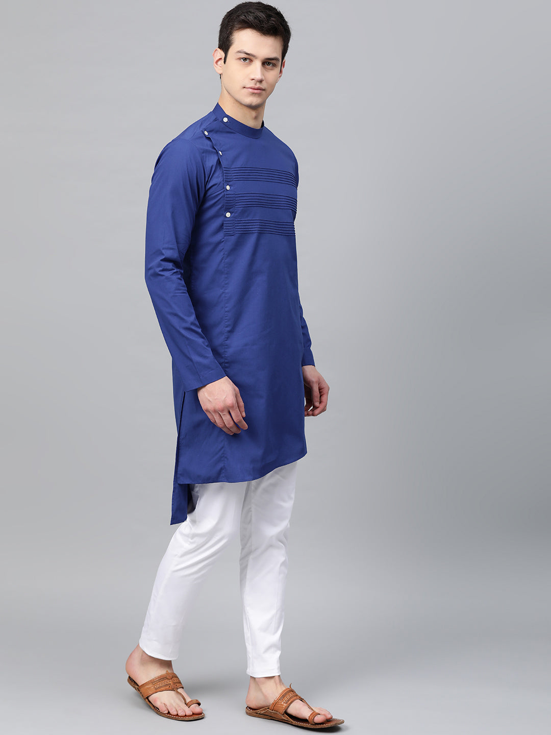 Men's Royal Blue Solid Straight Kurta With Yoke Thread Work With Kurta Pyjama - See Designs