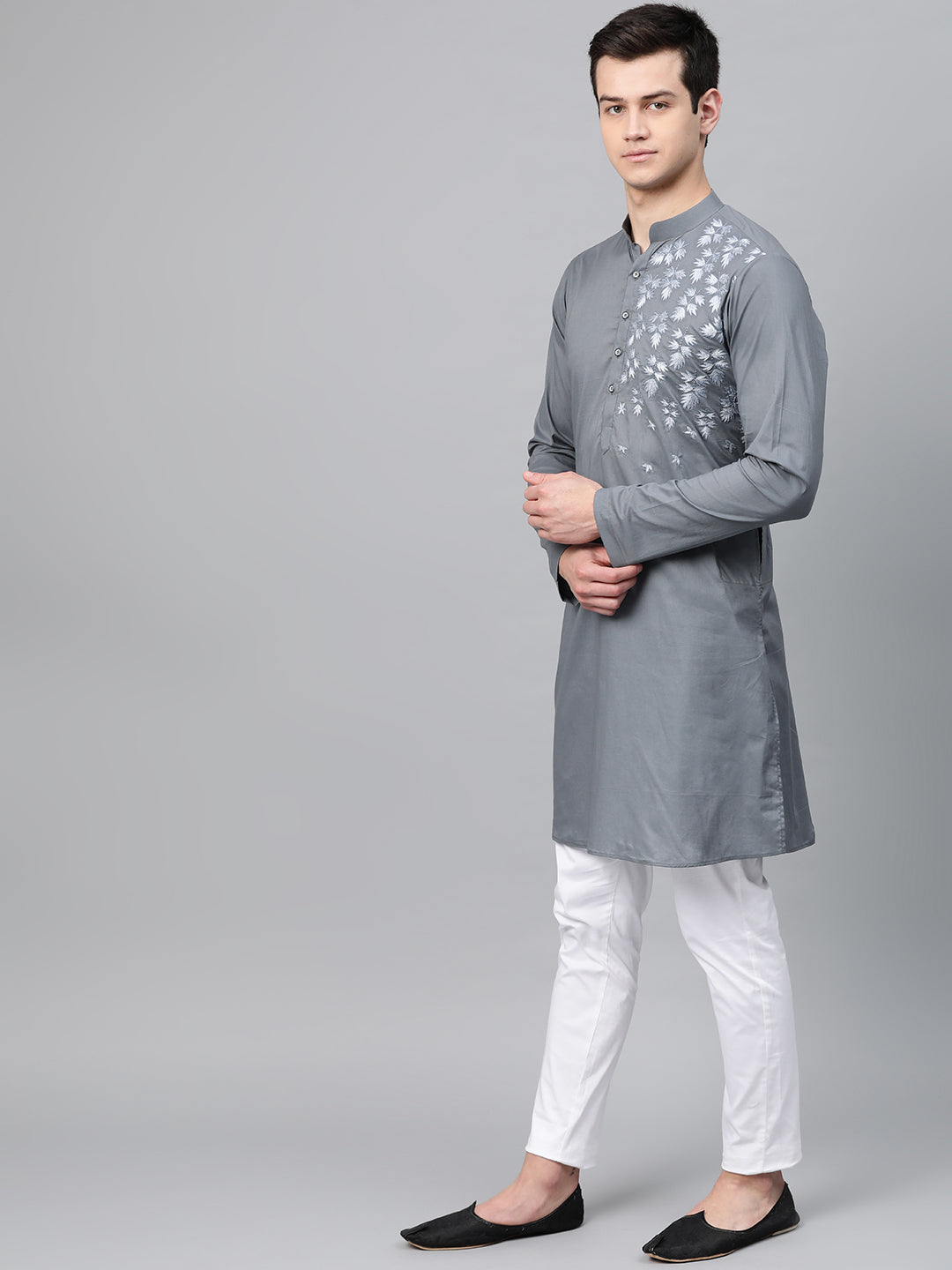 Men's Grey Embroidered Straight Kurta With Pyjama - See Designs