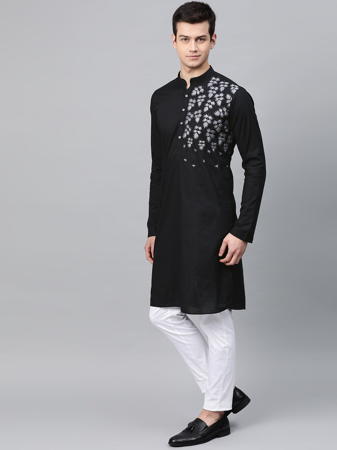 Men's Black Embroidered Straight Kurta With Pyjama - See Designs