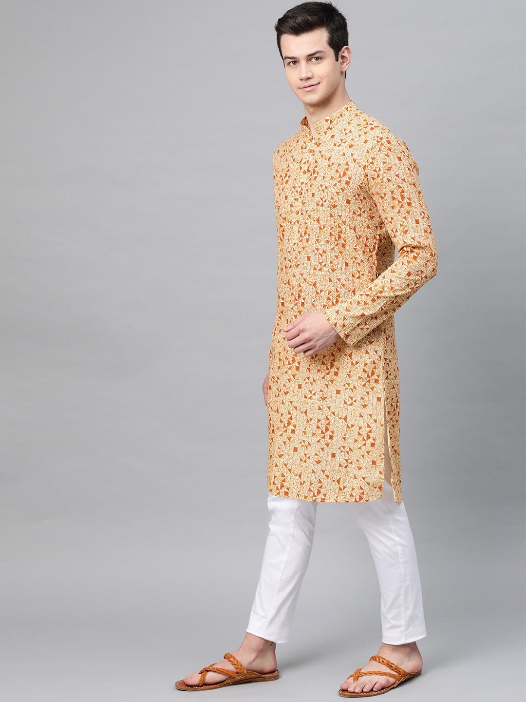 Men's Cream & Brown Printed Straight Kurta - See Designs