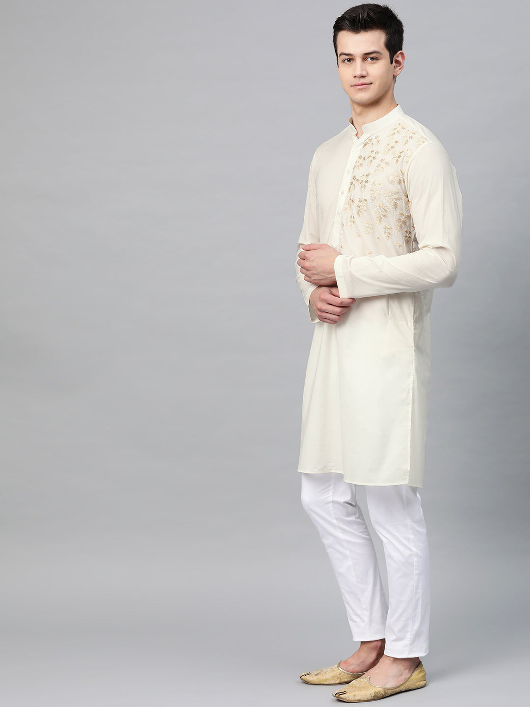 Men's Off White Embroidered Straight Kurta With Pyjama - See Designs