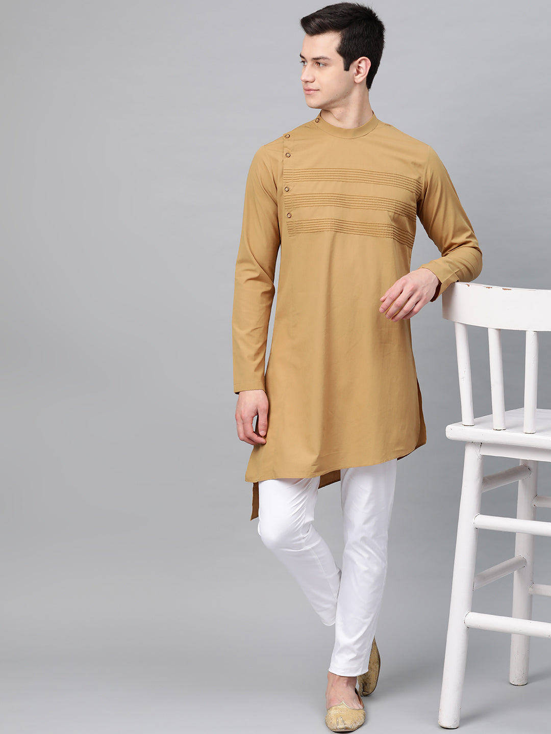 Men's Khaki Solid Straight Kurta With Yoke Thread Work With Kurta Pyjama - See Designs