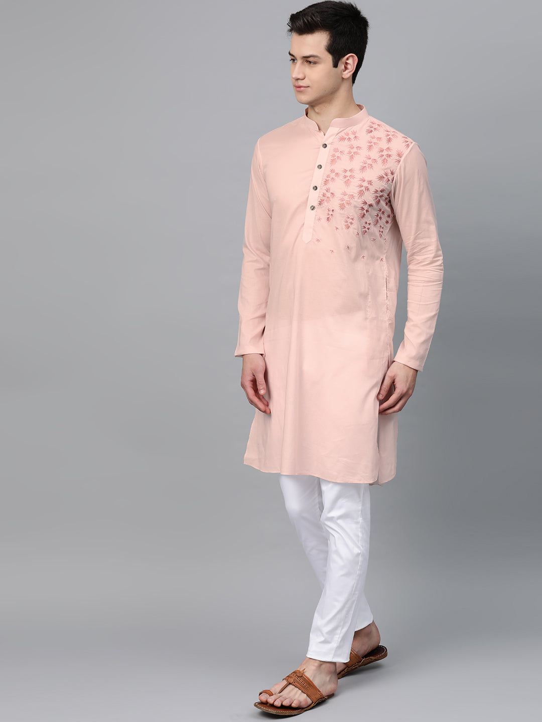 Men's Pink Embroidered Straight Kurta With Pyjama - See Designs